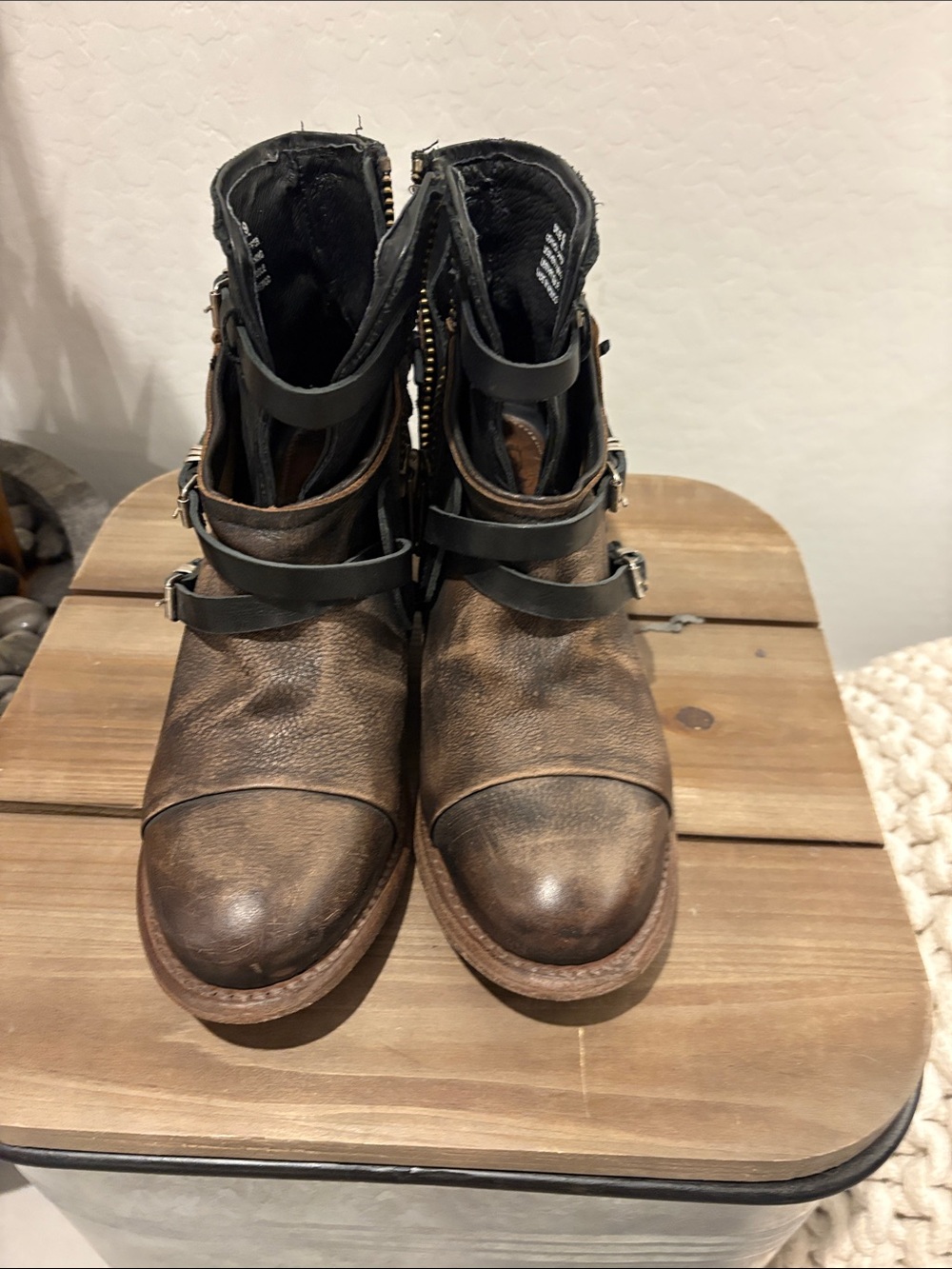 Freebird Brown Leather Buckle Strap Combat Boots